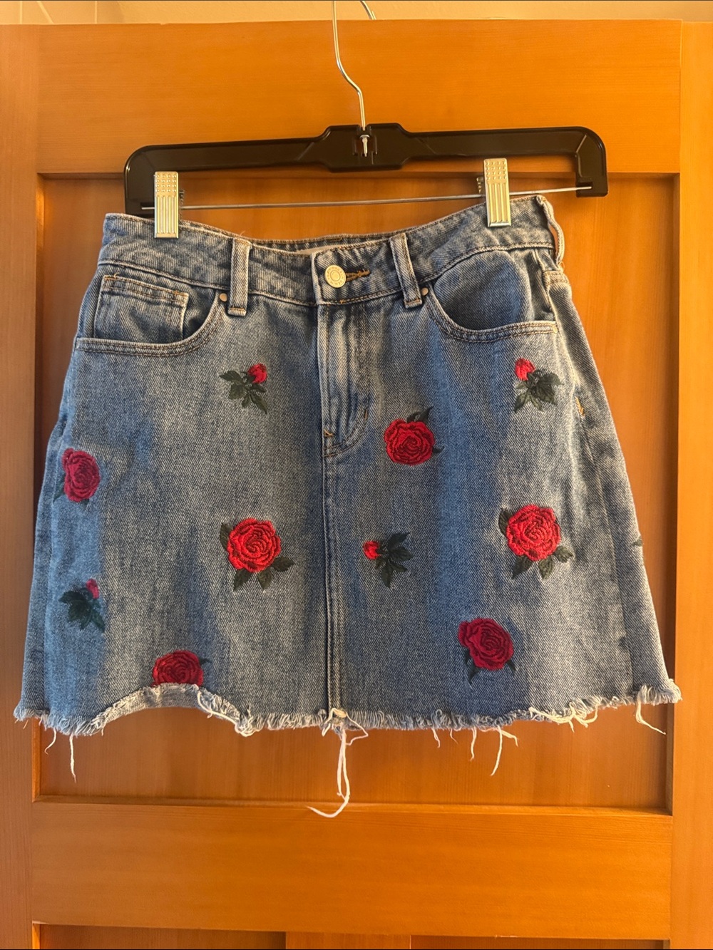 PacSun Blue Denim Mini Skirt with Red Rose Embroidery